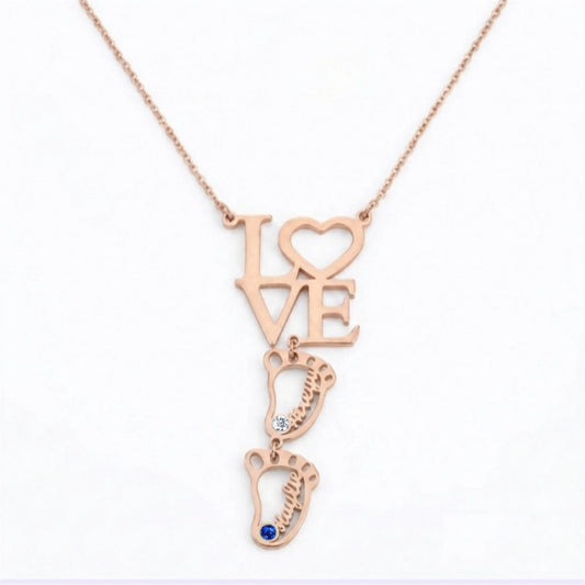 Love baby feet birthstone necklace front view