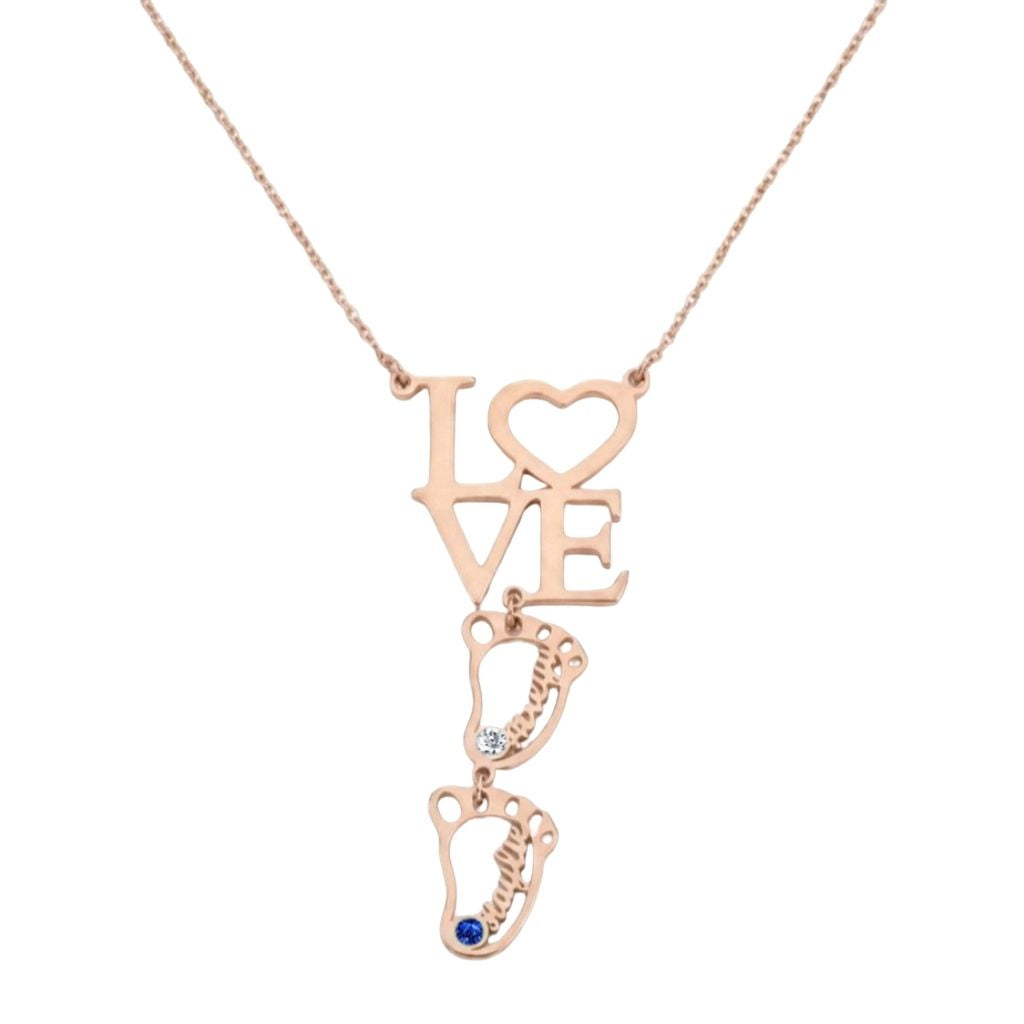 Love baby feet birthstone necklace front view