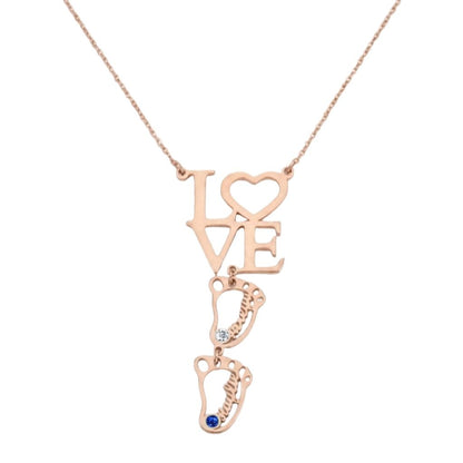 Love baby feet birthstone necklace front view