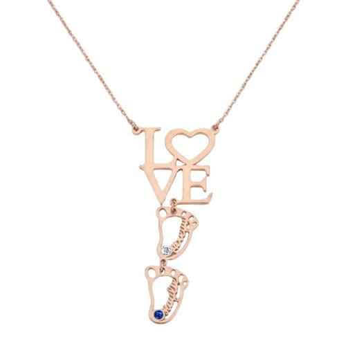 Love baby feet birthstone necklace front view