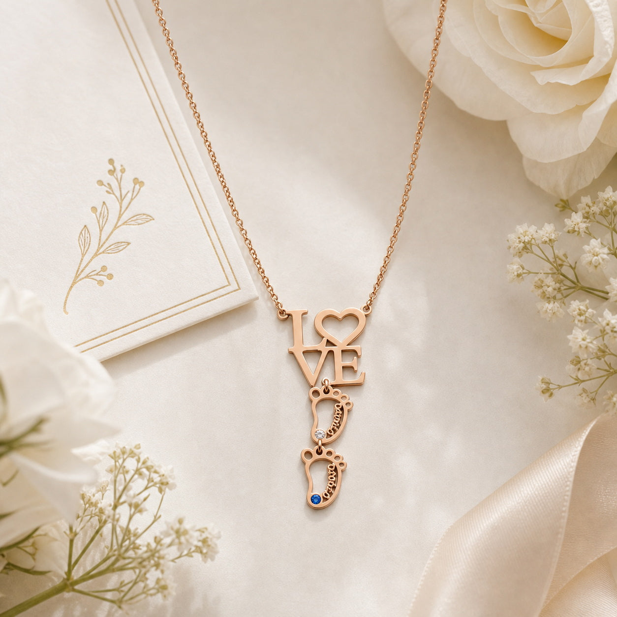 Love baby feet necklace beside candles