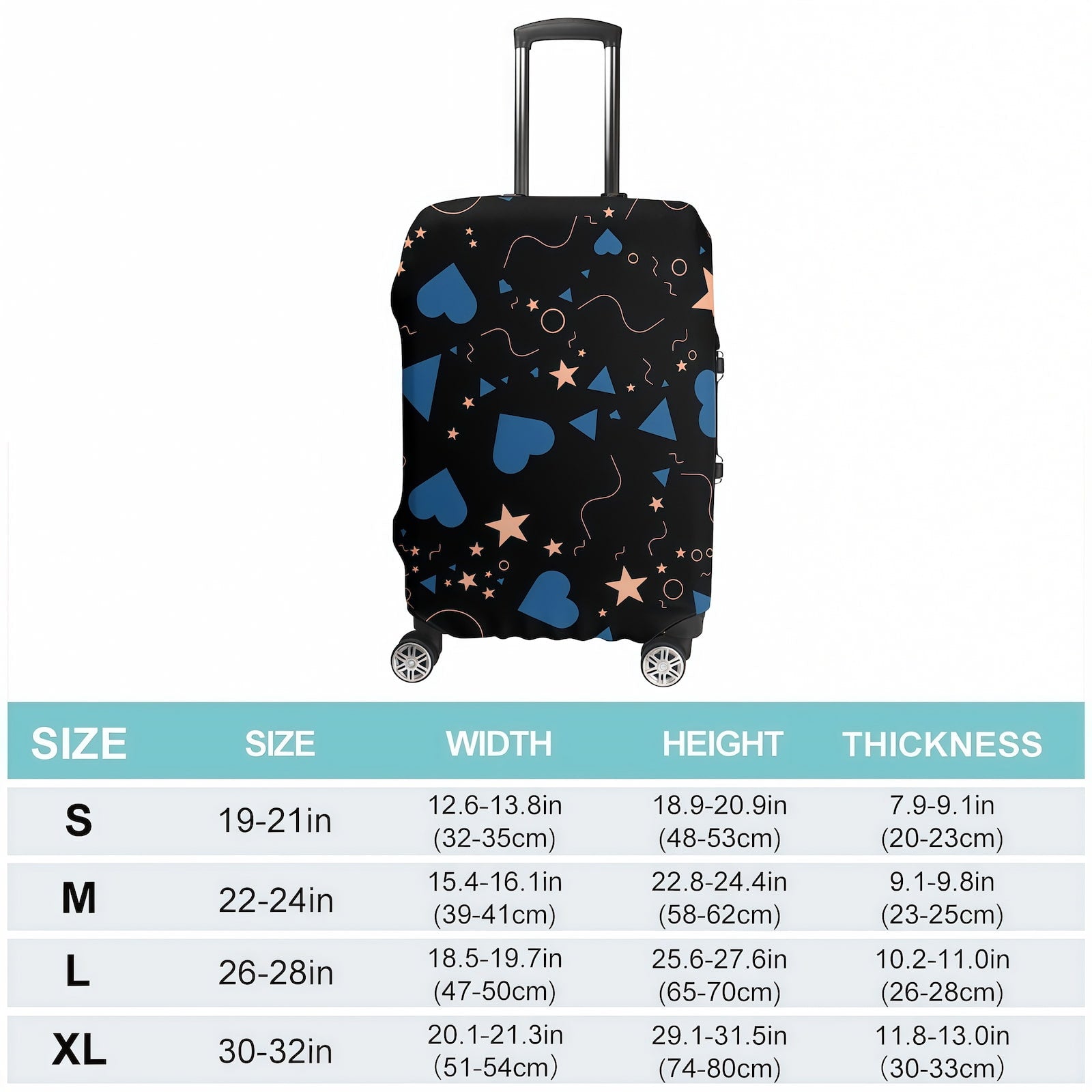 Size Chart for Luggage Covers Fitting 19 to 32 Inch Suitcases.