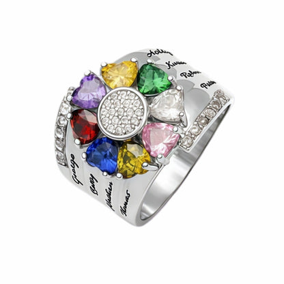 Large 8 heart birthstone family ring gold plated with many names.