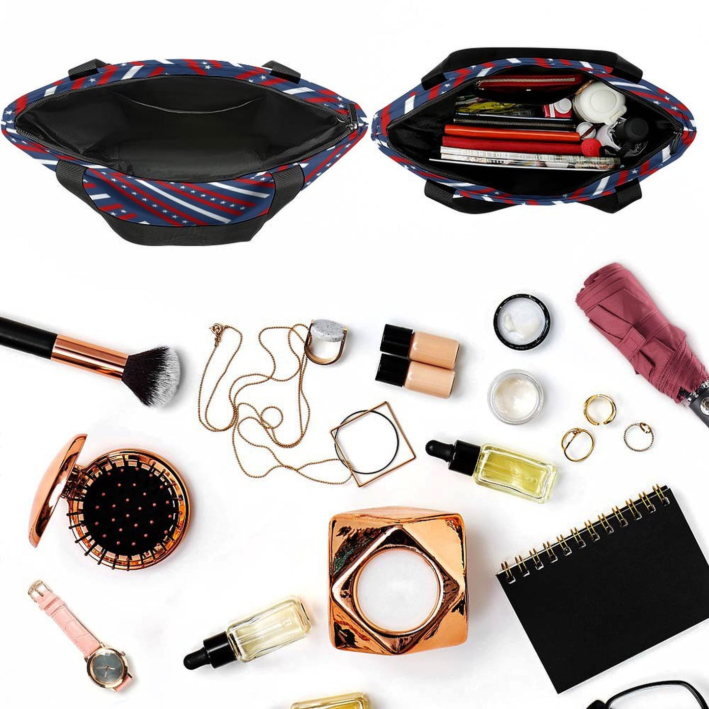 Makeup Bag with Zipper Pocket interior; shows capacity for cosmetics and accessories.