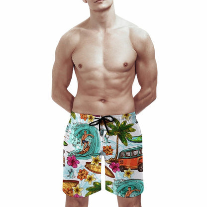 Man wearing quick dry swim trunks with surf print. Personalized beach shorts.