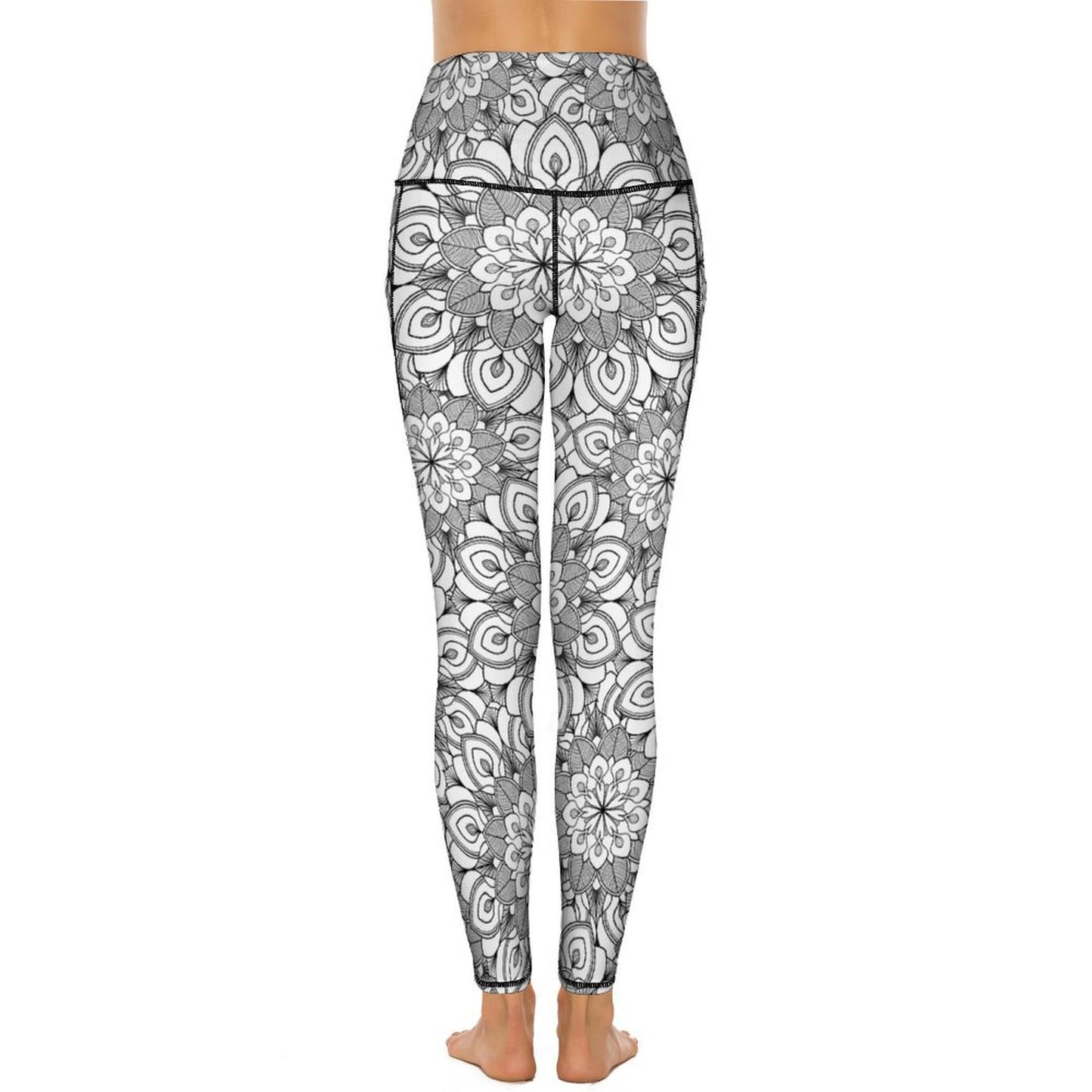 Back view of High Waisted Tummy Control Leggings. Printed mandala pattern for women's fitness.