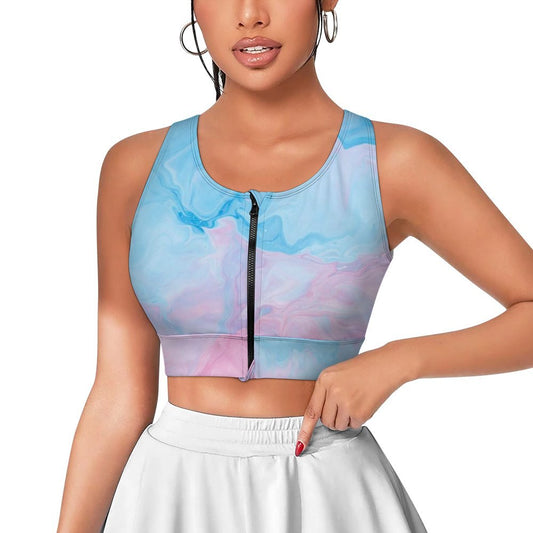 Women's front zip sports bra with blue pink marble print for yoga and running.