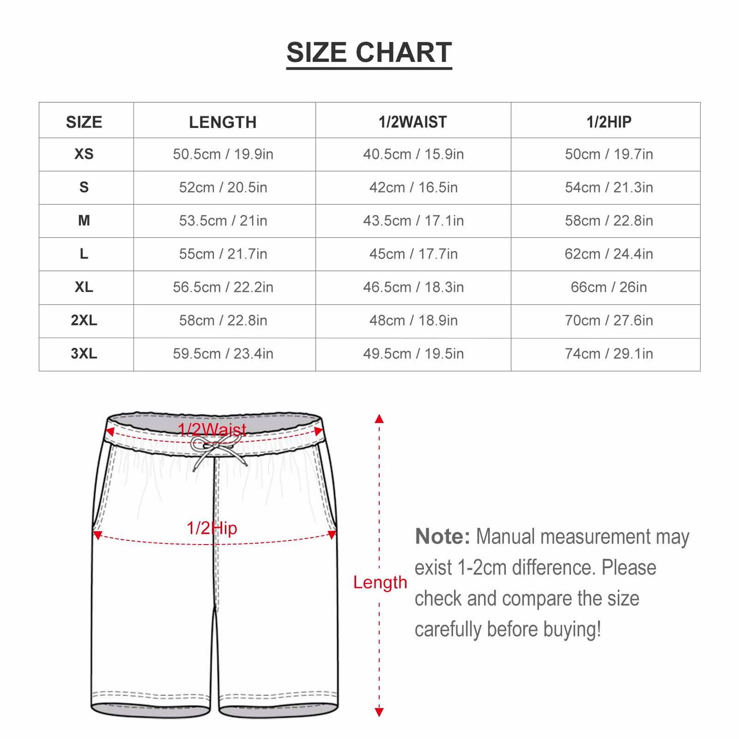 Matching Shorts Size Chart Waist And Hip Measurements.