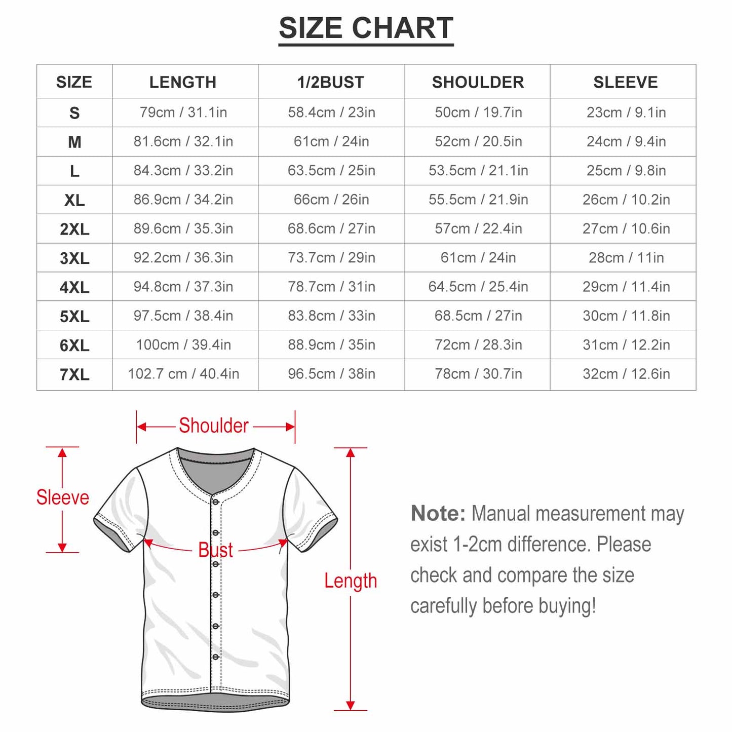 Men's Baseball Jersey Uniform size chart showing measurements from S to 7XL.