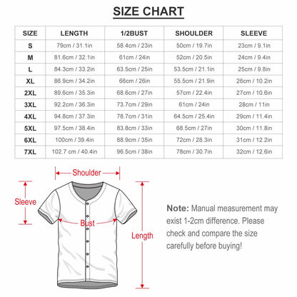 Men's Baseball Jersey Uniform size chart showing measurements from S to 7XL.