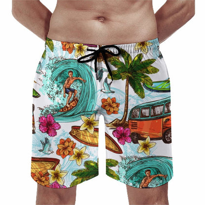 Men's Hawaiian beach shorts back view. Custom surf print swimwear, mesh lining.