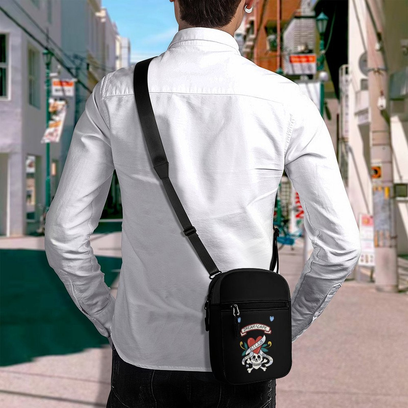 Men wearing Personalized Mini Crossbody Bag/Shoulder Bag on the street.
