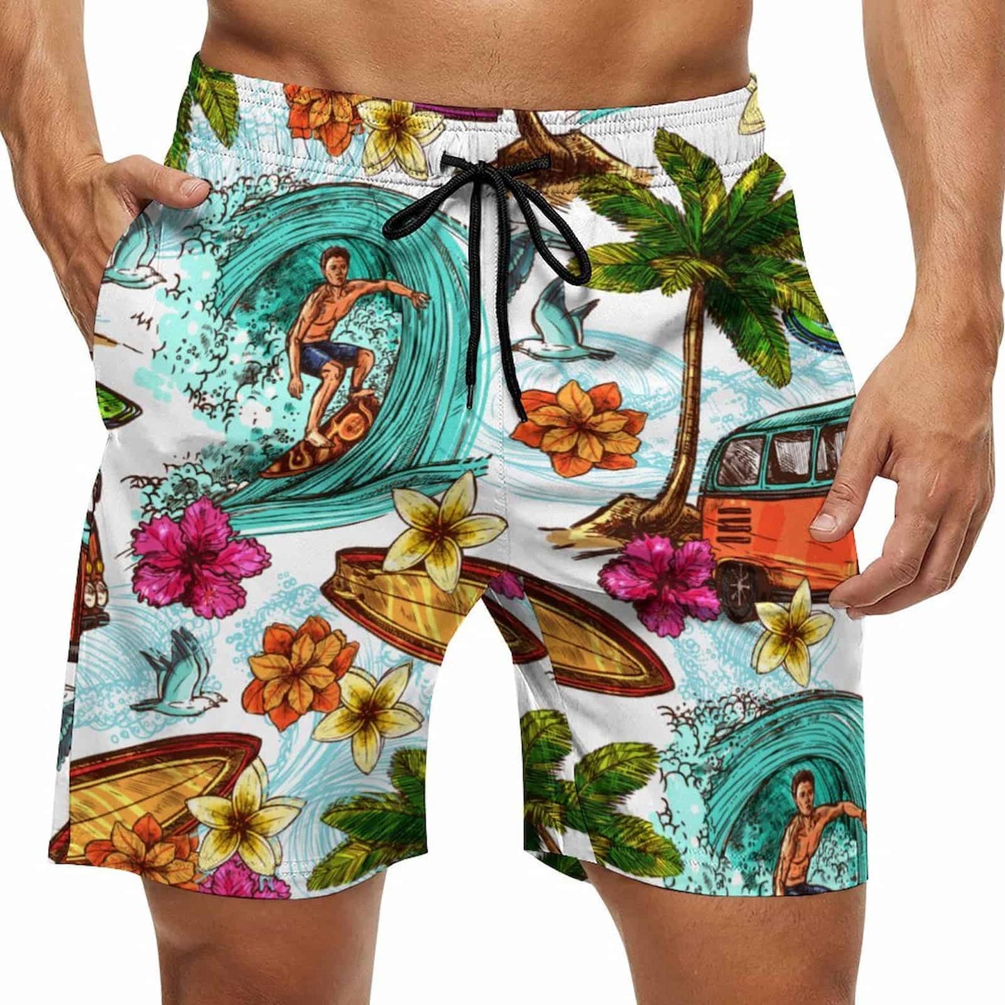 Men's personalized surf print swim trunks with pockets, quick dry beach shorts front view.