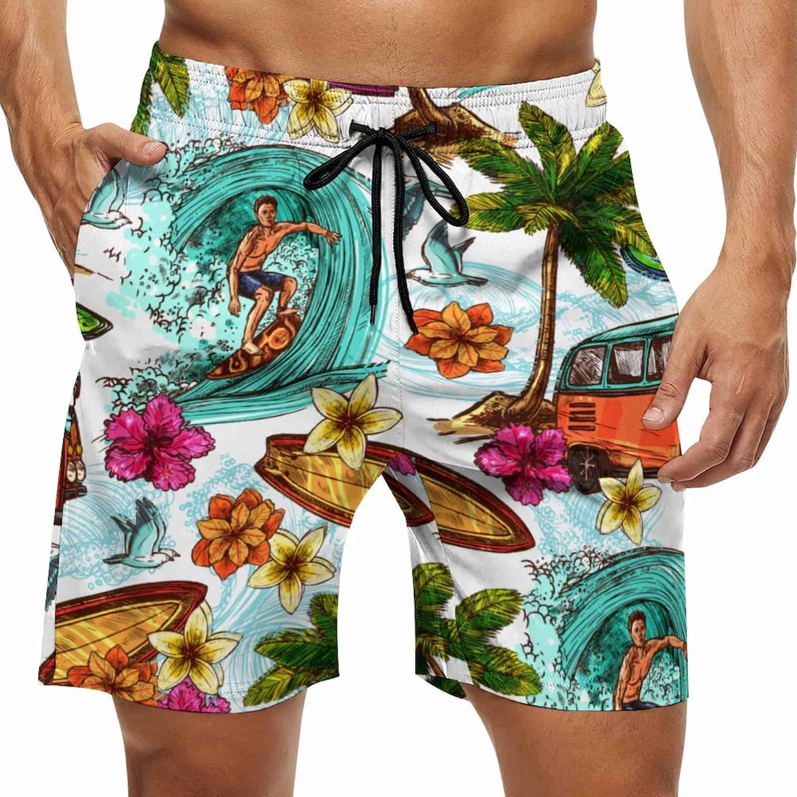 Men's personalized surf print swim trunks with pockets, quick dry beach shorts front view.