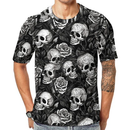 Custom all-over print men's t-shirt, skull and rose pattern, model view.