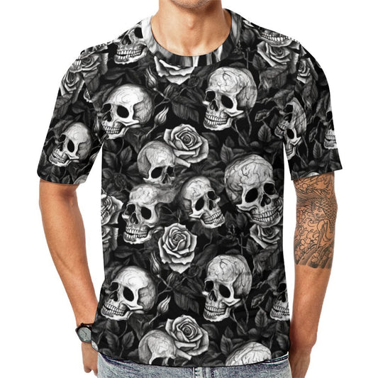 Custom all-over print men's t-shirt, skull and rose pattern, model view.