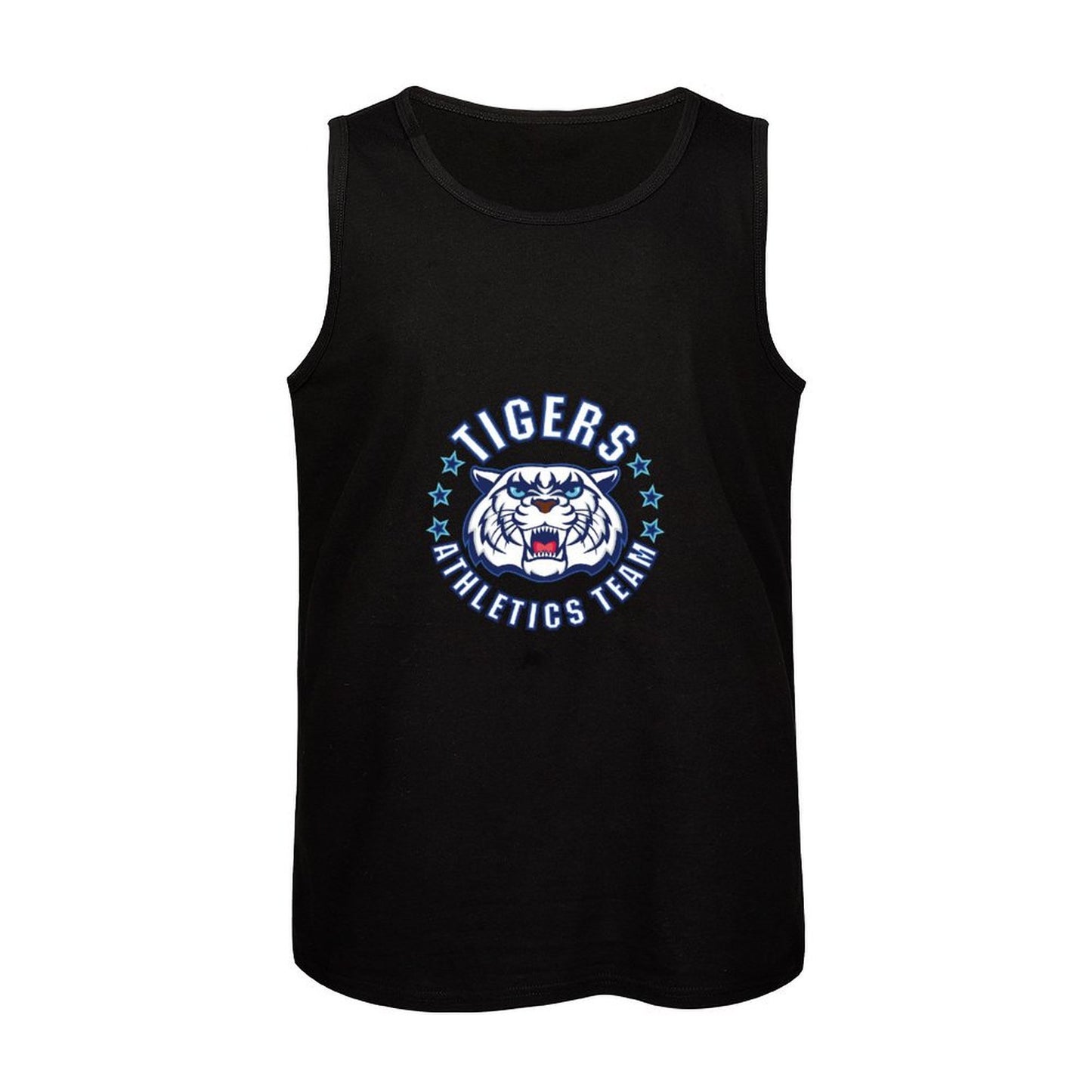 Front flat lay of Custom Black Men's Casual Tank Top with bold 'Tigers' logo print.