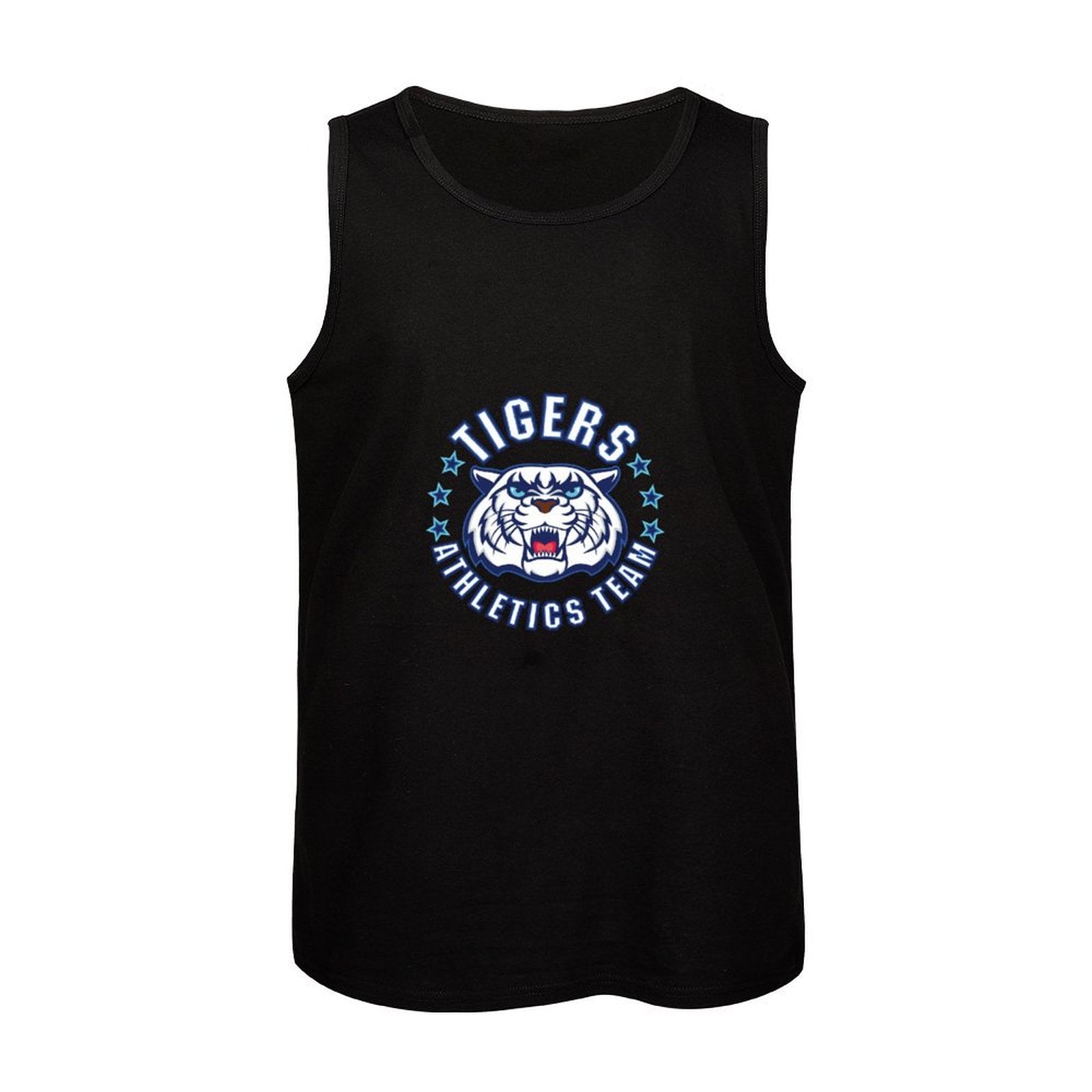 Front flat lay of Custom Black Men's Casual Tank Top with bold 'Tigers' logo print.