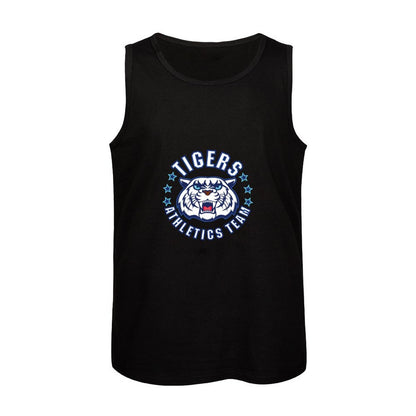 Front flat lay of Custom Black Men's Casual Tank Top with bold 'Tigers' logo print.