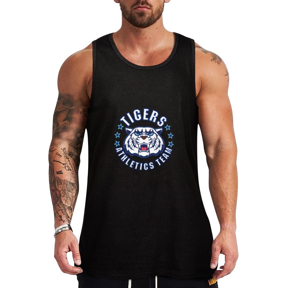 Custom Men's Sleeveless Muscle Tee with 'Tigers Athletics Team' print on model.