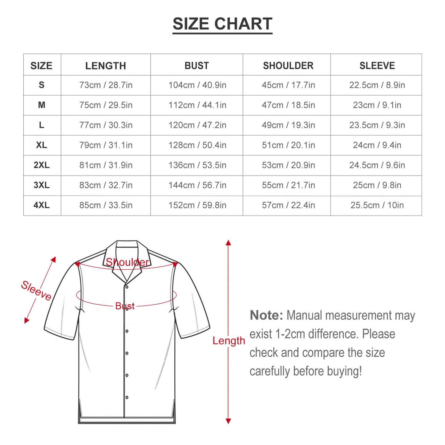 Size chart for men's custom shirt showing bust and length measurements.
