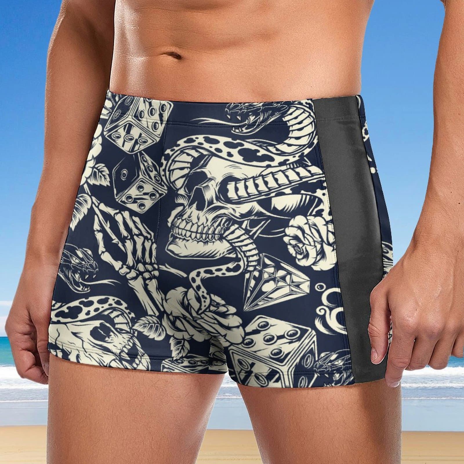 Male model wearing custom tattoo print swim trunk at the beach.