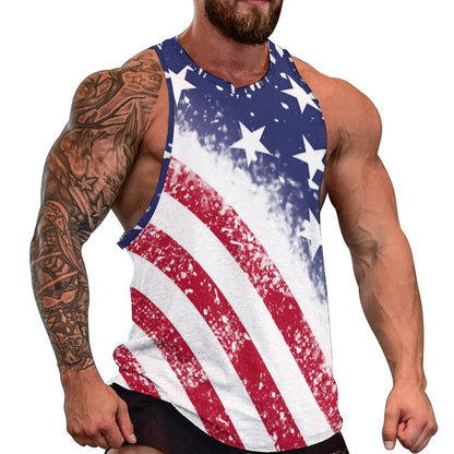 Muscular man wearing patriotic Quick Dry Sleeveless Mens Tank Top with American Flag graphic.