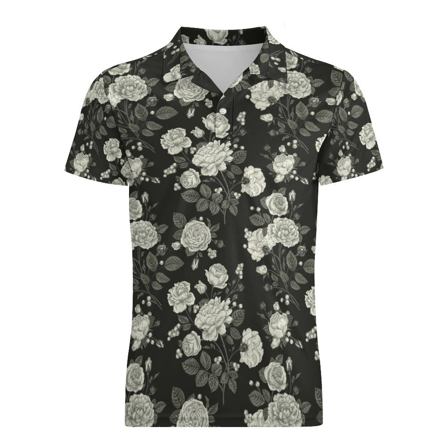 Men's Floral Printed Slim Fit Short Sleeve Polo T Shirt. Front flat view.
