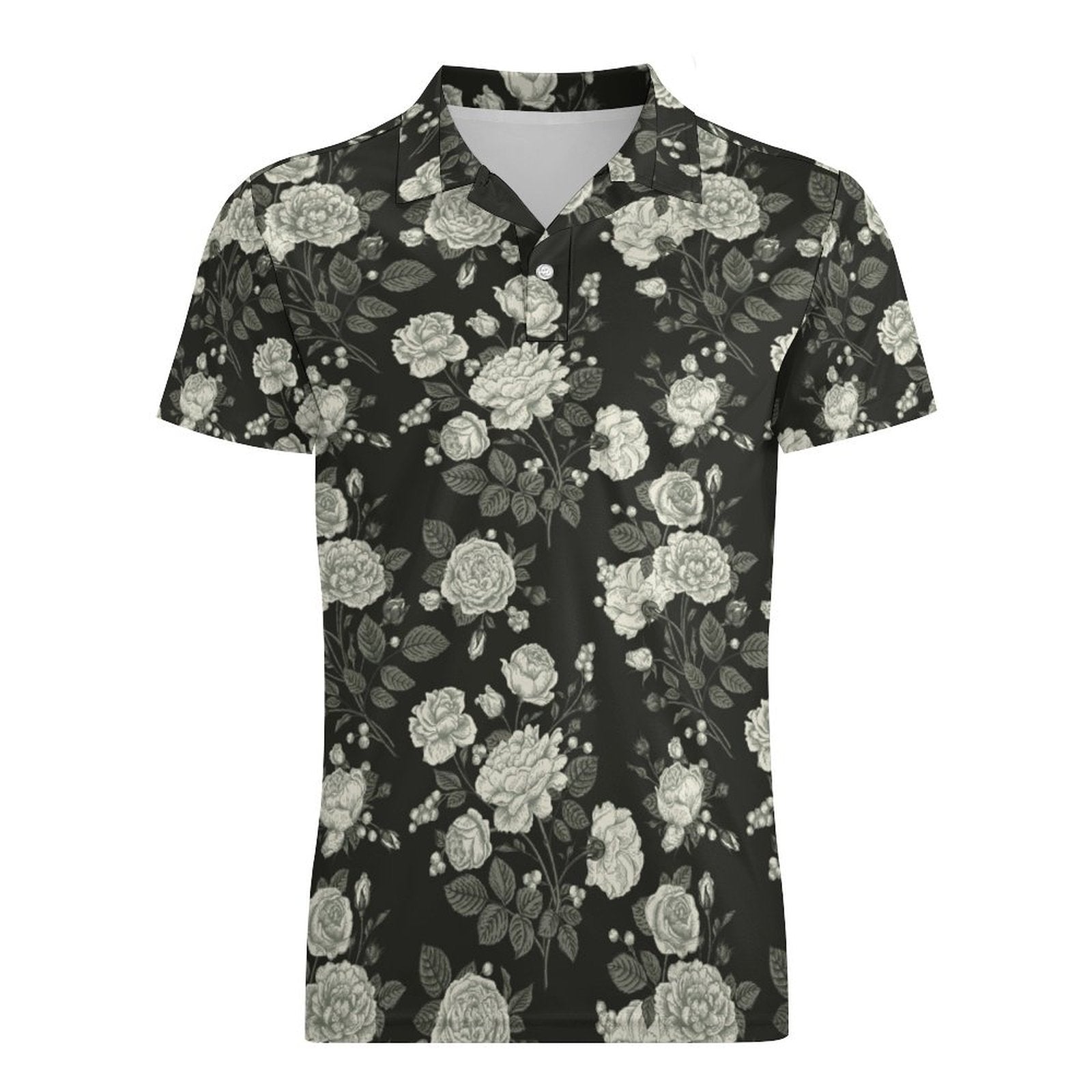 Men's Floral Printed Slim Fit Short Sleeve Polo T Shirt. Front flat view.