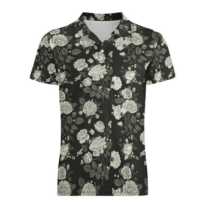 Men's Floral Printed Slim Fit Short Sleeve Polo T Shirt. Front flat view.