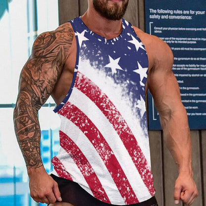 Mens workout tank top featuring distressed American Flag graphic; ideal for gym fitness.