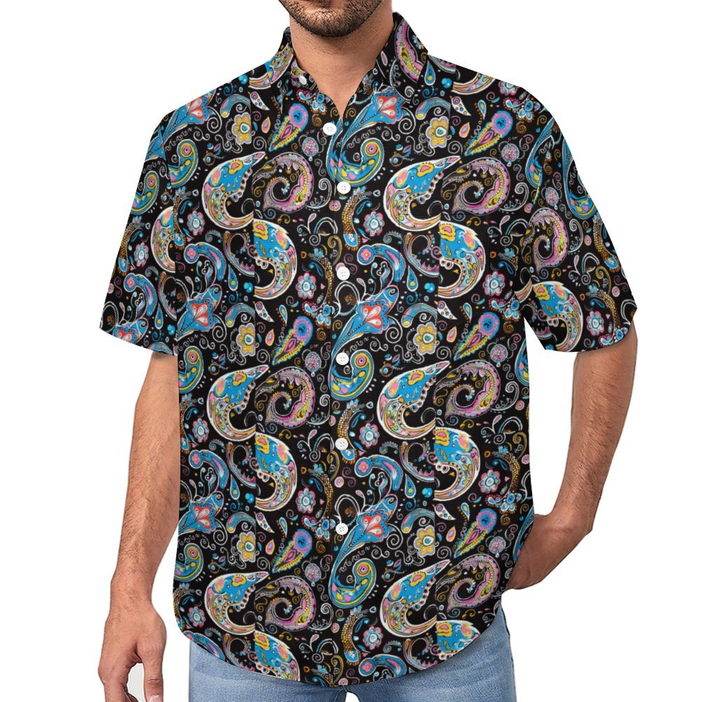 Men's custom paisley button down shirt, tropical beach holiday wear.