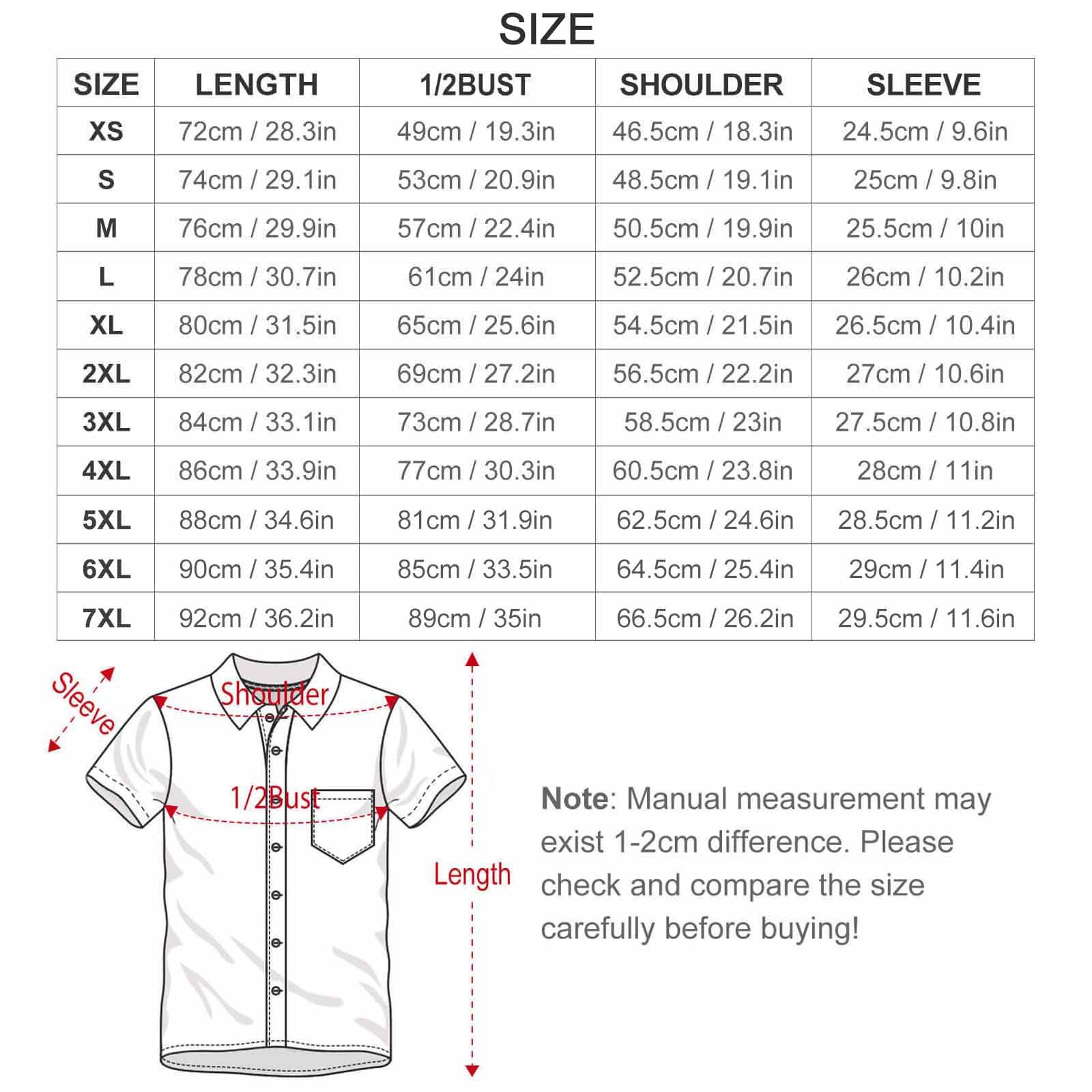 Men's paisley floral custom shirt size chart, length, bust, shoulder, sleeve measurements.