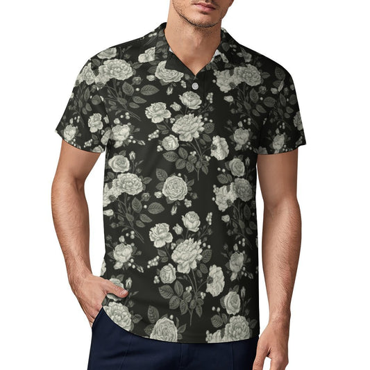 Men's Slim Fit Floral Rose Print Short Sleeve Polo Shirt. Model front view.