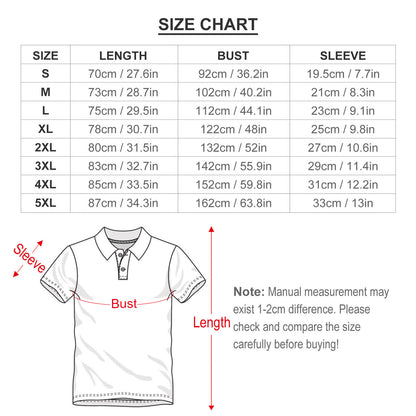 Size chart for Men's Slim Fit Short Sleeve Floral Polo Shirts (S-5XL).