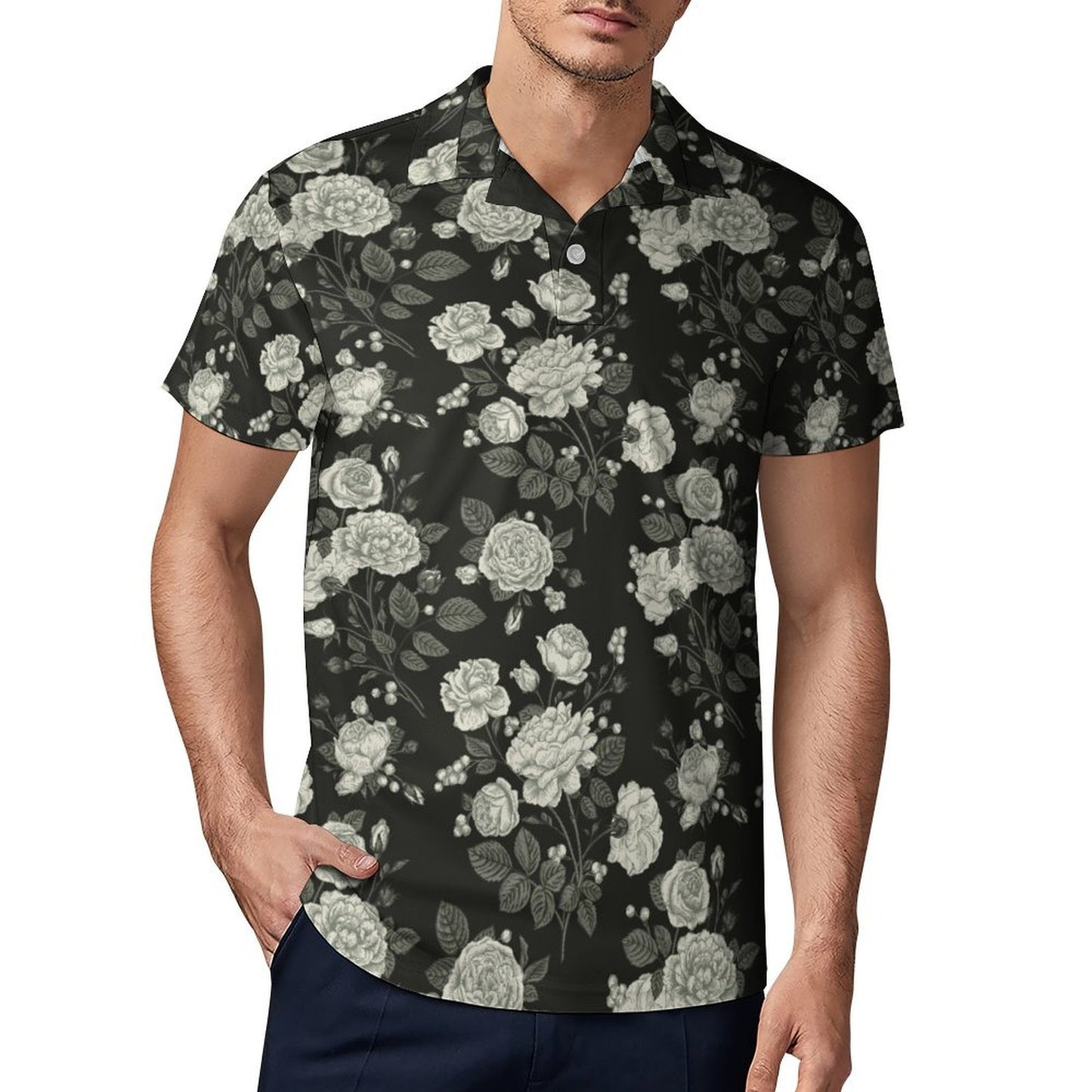 Men's Summer Casual Floral Print Short Sleeve Slim Fit Polo. Model wear.