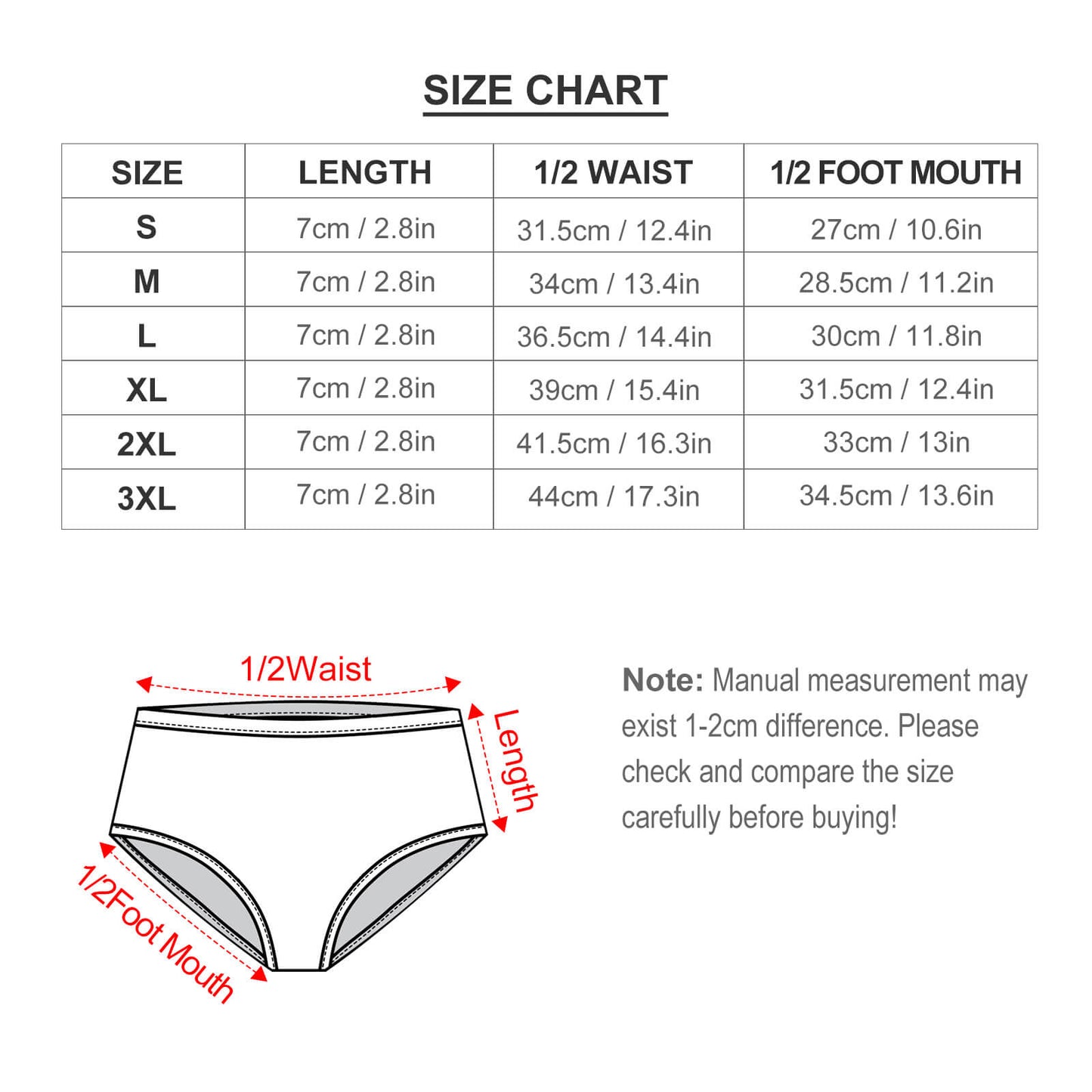 Size chart for Custom Print Men's Swimwear/Bikini Swimming Briefs.