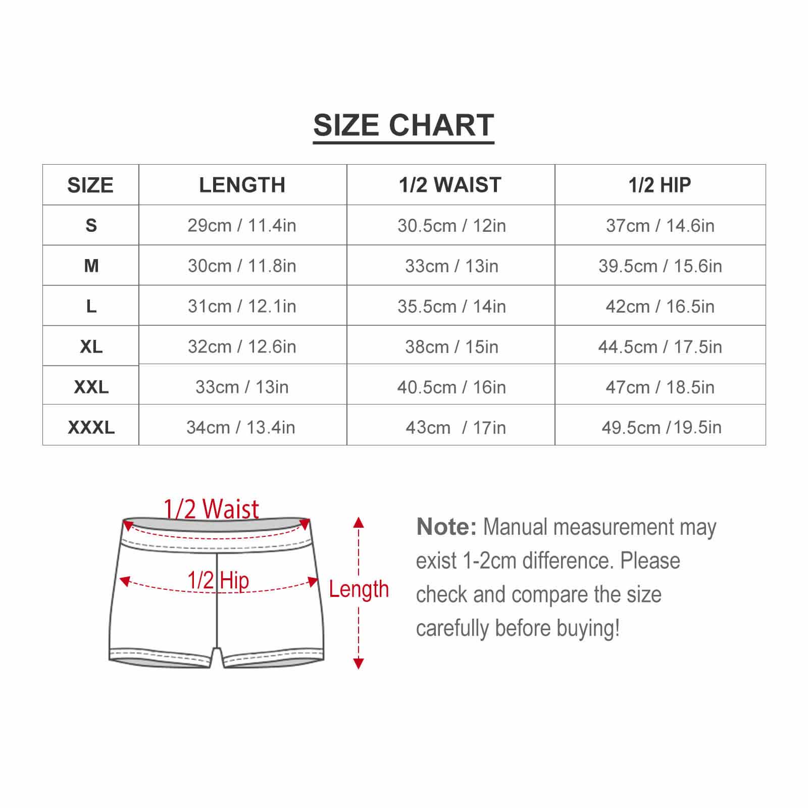 Size chart for mens swimwear: length, waist, and hip in cm and inches.
