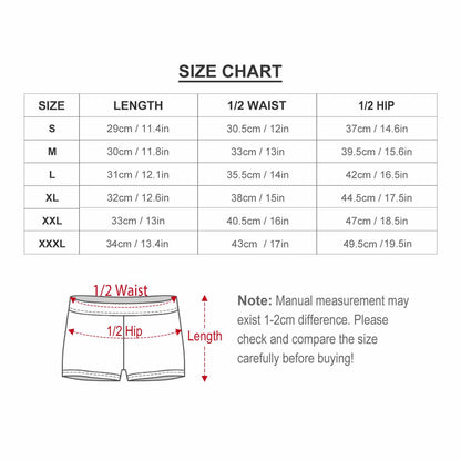 Size chart for mens swimwear: length, waist, and hip in cm and inches.