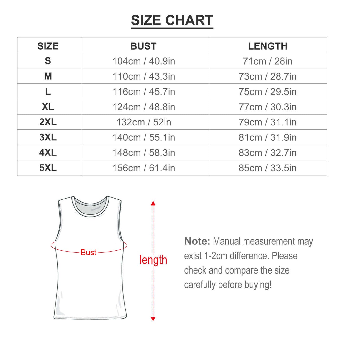 Size Chart for Mens Tank Top: Bust and Length measurements in CM and Inches (S to 5XL).