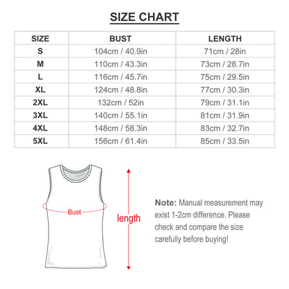 Size Chart for Mens Tank Top: Bust and Length measurements in CM and Inches (S to 5XL).