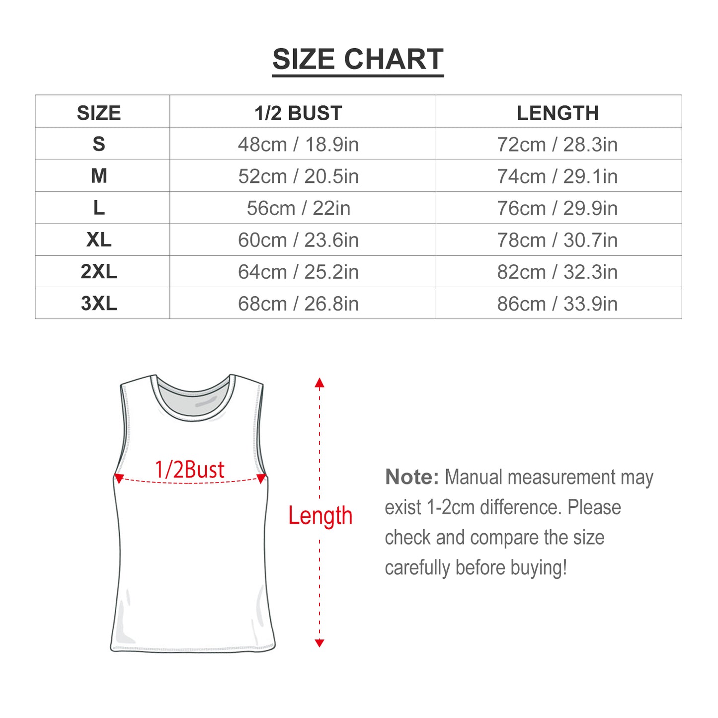 Size chart and measurement guide for Custom Men's Tank Tops: Bust and Length in cm/in.