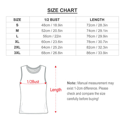 Size chart and measurement guide for Custom Men's Tank Tops: Bust and Length in cm/in.