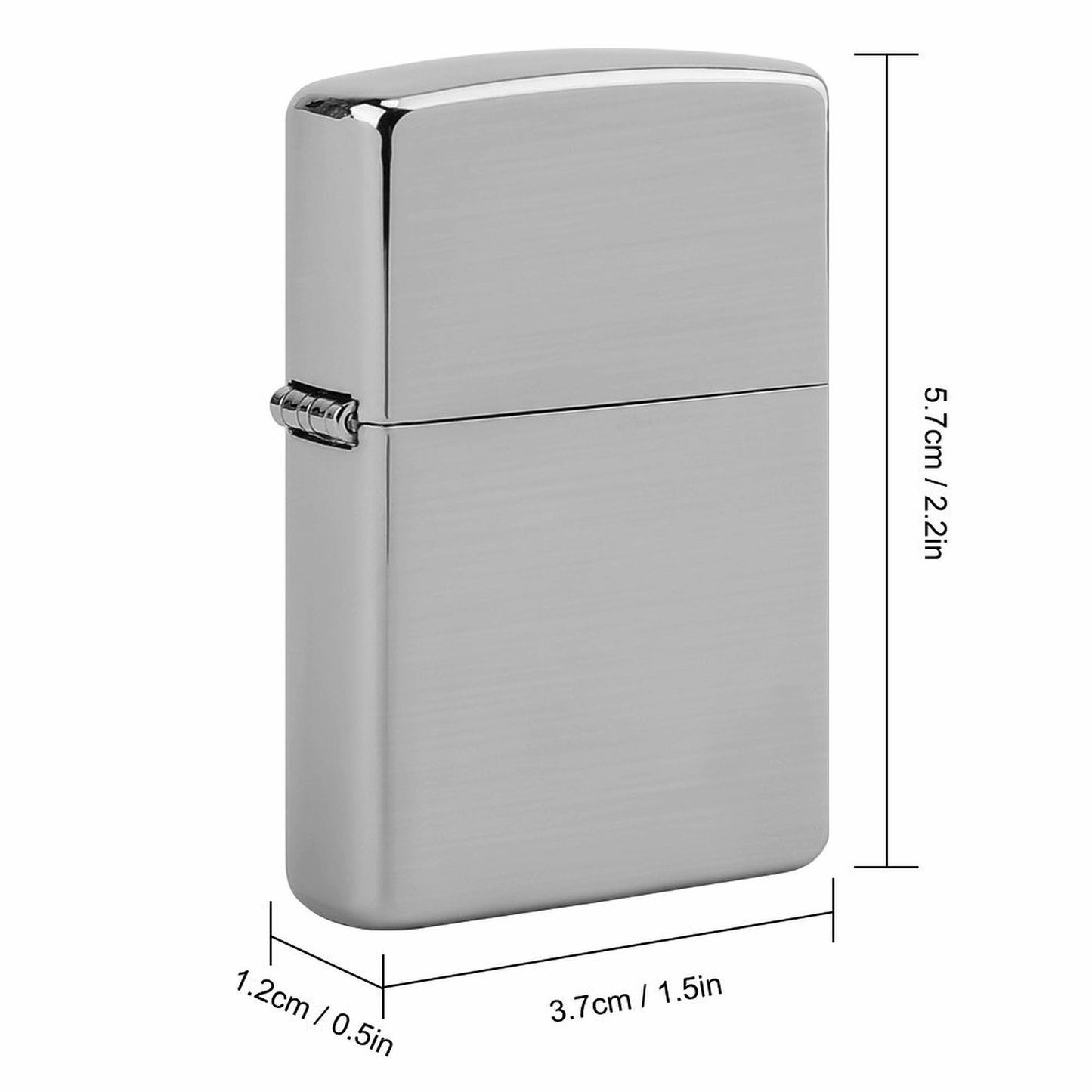 Metal Flip Lighter dimensions: 5.7cm (2.2in) height, 3.7cm (1.5in) width, 1.2cm (0.5in) thickness.