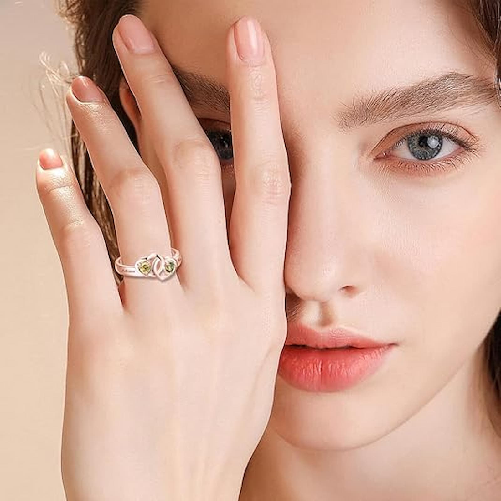 Model wearing rose gold personalized couple birthstone ring, gift for women.
