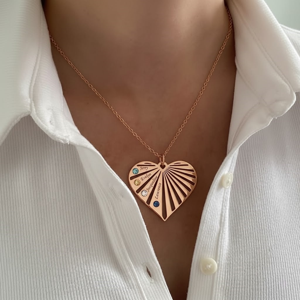 Model wearing the rose gold personalized heart necklace with custom names and birthstones, showcasing its elegant fit.