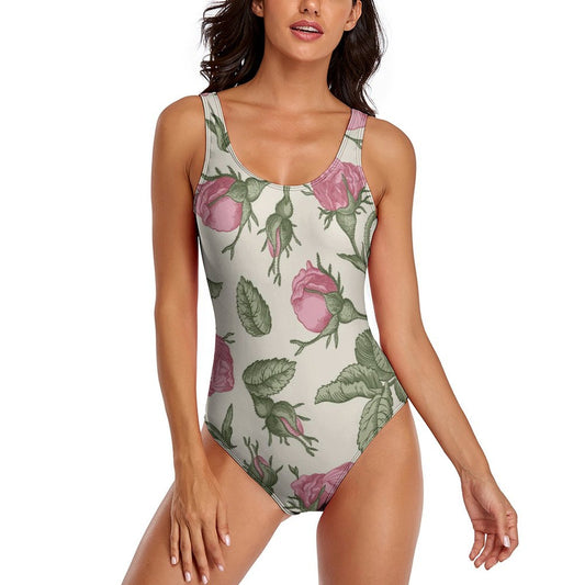 Women's modest one-piece swimsuit, rose floral print, flattering fit, athletic bathing suit.