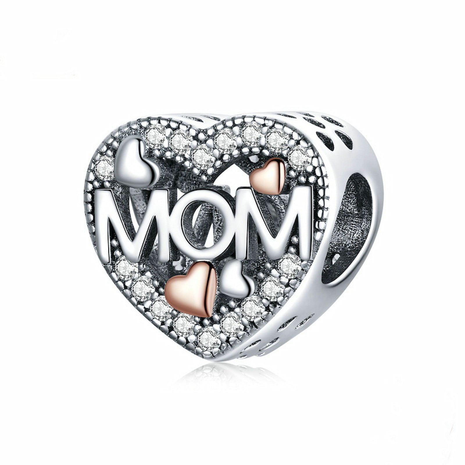 MOM heart charm with rose gold accent; 925 sterling silver mother's day gift.