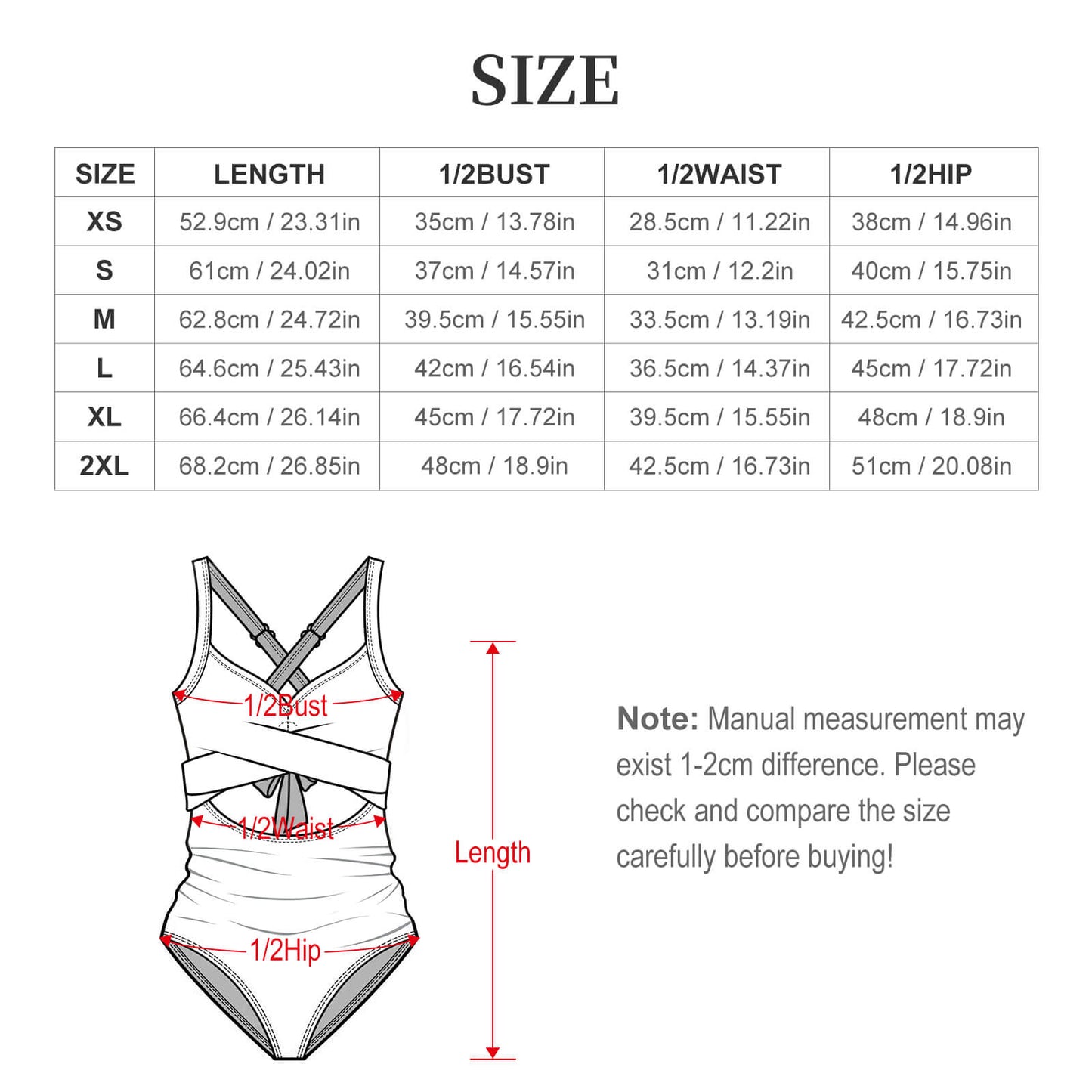 Size chart for custom monokini: Length, Bust, Waist, Hip measurements.