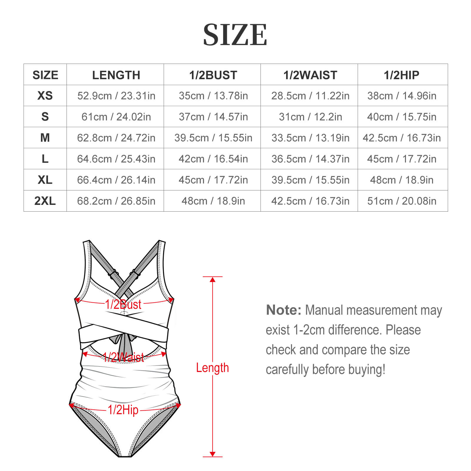 Size chart for custom monokini: Length, Bust, Waist, Hip measurements.
